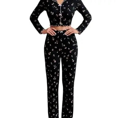 Gatamiau Damen 2er Set Langarm Pyjama mit V-Ausschnitt und hoher Taille, florale Schlafwäsche, bequem, schwarz