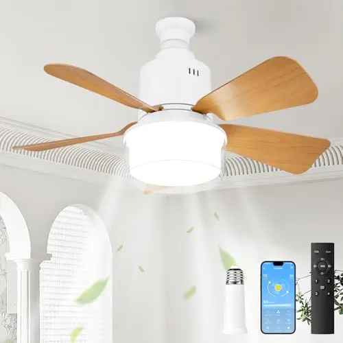 Starnearby Deckenventilator mit Beleuchtung und Fernbedienung, 72W LED, dimmbar, Holzfarbe