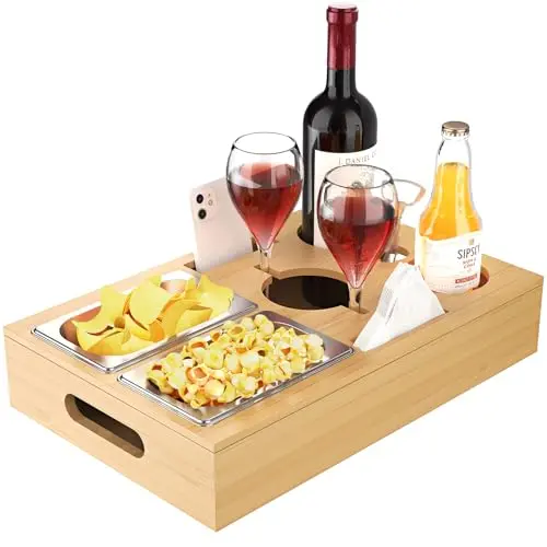 WELDUN 2-in-1 Couchbar Snackbox mit Bambus Serviertablett und Edelstahl Snackschalen für Wohnzimmer und Partys