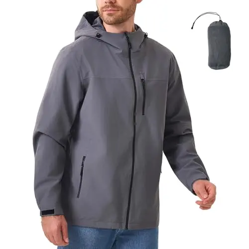 PYALT Herren Softshelljacke wasserabweisend und atmungsaktiv, leichte, packbare Windbreaker mit Kapuze, Grau, XL