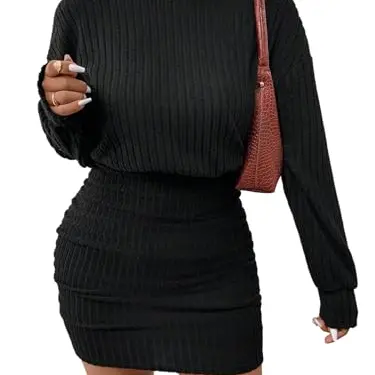 SweatyRocks Damen Strickkleid mit Rollkragen - Langarmpullover Kleid in Schwarz (1XL)