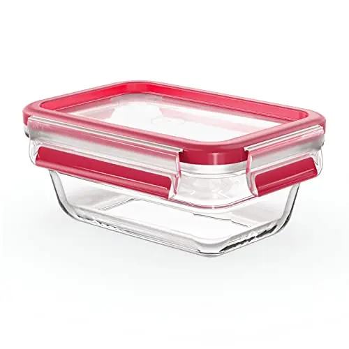 EMSA Clip & Close Glas Frischhaltedose, rechteckig, 0,45 L, 100% dicht, rutschfest, spül-, gefrier-, backofen- & mikrowellenfest, Rot & Transparent