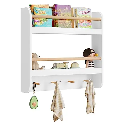 WOLTU Kinder Bücherregal mit 2 Ablagen und 4 Haken, Aufbewahrungslösung für Kinderzimmer, Weiß, 60x55x12 cm
