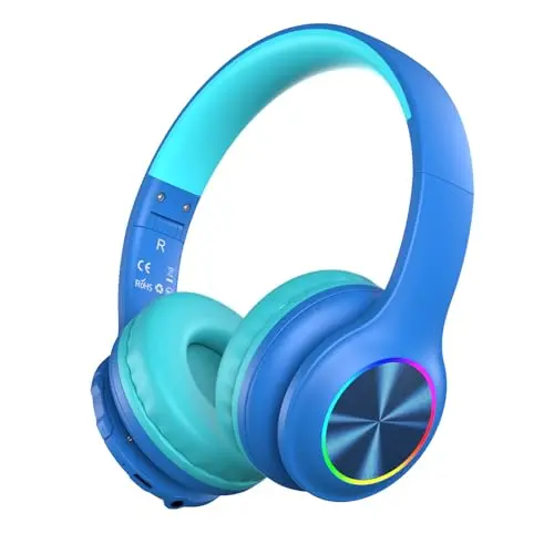 Bluetooth Kinderkopfhörer mit LED, 85 Stunden Spielzeit, Faltbar, Mikrofon, Blau