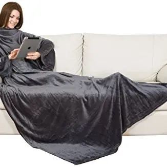 Kanguru Kuscheldecke mit Ärmeln, tragbare Flanell-Decke in Grau, 210x140 cm