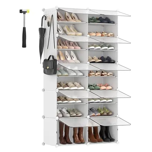 SONGMICS Schuhregal mit 10 Fächern, schmaler Schuhschrank mit Türen, Weiß, für Flur und Schlafzimmer