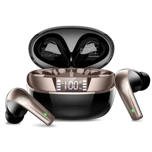 Kabellose Bluetooth Kopfhörer 5.4 mit ENC Mikrofon, 47 Std Spielzeit, IP7 Wasserdicht, Mini In Ear, Schwarzgold