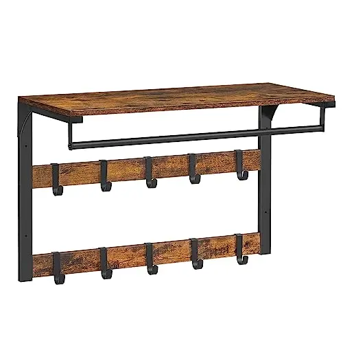 VASAGLE Wandgarderobe mit Ablage und 10 Haken für Flur, Schlafzimmer, Badezimmer - vintagebraun-schwarz