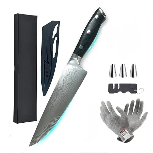 Chef's Knife Set mit Schutzhandschuhen und Messerschärfer – Professionelles Kochmesser 33 cm