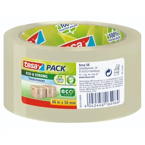 tesapack Eco & Strong Paketband aus 100% recyceltem Kunststoff - Transparent - 66 m x 50 mm