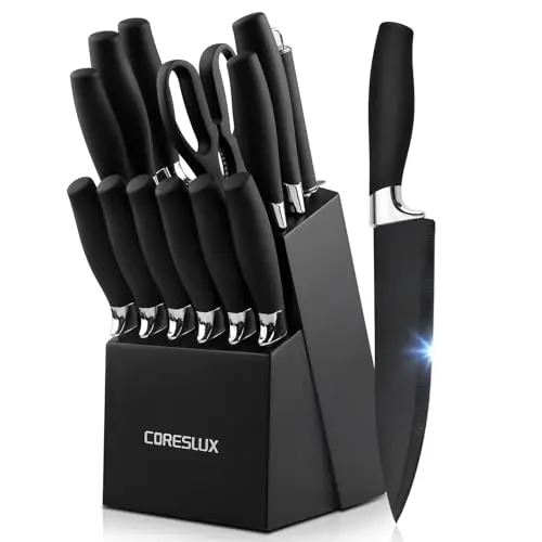 CORESLUX 15-teiliges Edelstahl Messerset mit Messerblock, ergonomischer Griff, scharf, antibakterielle Beschichtung, schwarz
