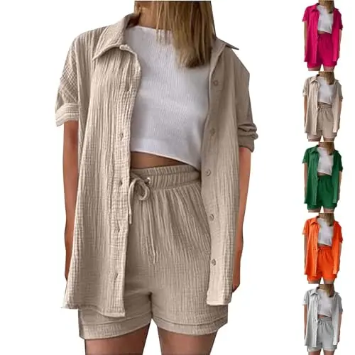 IQYU Musselin Set Damen - Kurze Hose und Bluse, Aesthetic 2-Teiler für den Sommer, Elegant und Oversize
