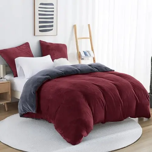 Viviland Winter Flanell Bettwäsche 200x200cm mit 2 Kissenbezügen 80x80cm - Kuschelige Fleece Bettdeckenbezüge in Rot