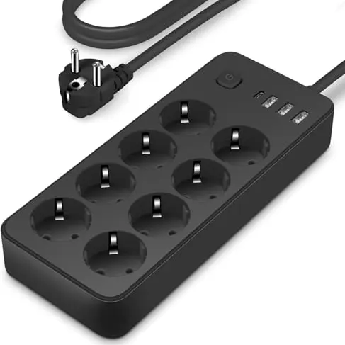 12-fach Steckdosenleiste mit 4 USB-Anschlüssen, Überspannungsschutz, 1,8m Kabel – Schwarz
