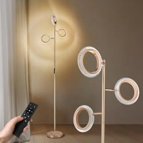 JACKYLED 3-Flammige LED Stehlampe, Farb- und Helligkeitswechsel, Fernbedienung, modern für Wohnzimmer, Büro & Schlafzimmer (Roségold)