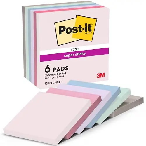 Post-it Super Sticky Notes Soulful Collection - 6 Blöcke, 90 Blatt, 76 mm x 76 mm - Extra starke Notizzettel in Pink, Lila, Grün, Grau, Blau