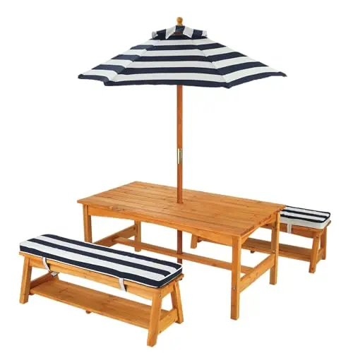 KidKraft Gartentisch mit Bank und Sonnenschirm für Kinder, Marineblau-Weiß, 106