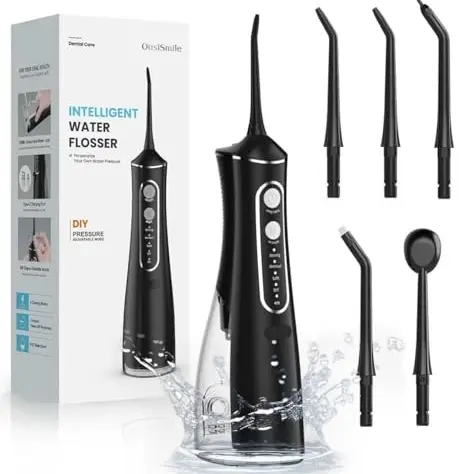 OasiSmile Kabellose Munddusche, 4 Modi, 5 Jet-Tipps, 300ML für Tiefenreinigung, IPX7 Wasserdicht, Ideal für Zuhause & Reise