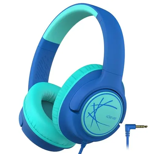 iClever Kinderkopfhörer, über Ohr, faltbar, 85dBA, Stereo Sound, 3.5 mm Jack, für iPad, Tablets, Schule, Reisen, Blau