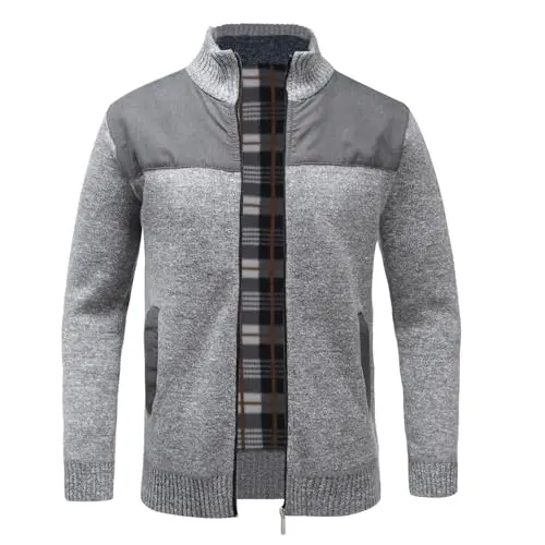 Allthemen Herren Strickjacke mit Reißverschluss, Stehkragen, Pullover, Business Casual, Hellgrau, M