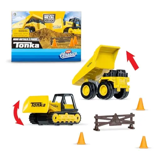 Basic Fun Mini Classics - Tonka 2er-Pack Kippwagen und Bulldozer mit Verkehrskegeln