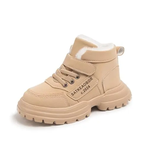 Fudaolee Kinder Winterschuhe Warm Gefüttert Schneestiefel für Jungen und Mädchen - Rutschfeste Wanderboots, Khaki, Größe 36 EU