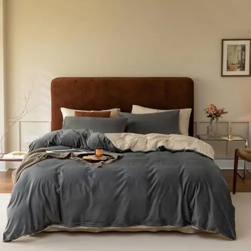 Covebett Winterbettwäsche 155x220 Grau Beige Wende Flanell Plüsch mit Kissenbezug 80x80