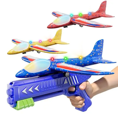 Doloowee 3er Set Flugzeug Launcher Spielzeug, 12,6 Zoll LED Schaum Gleiter, 2 Flugmodi, für Kinder 3-12 Jahre, Blau