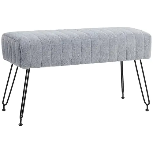 HOMCOM Schuhbank mit Sitzfläche aus Kunstfell, Metallbeinen, grau, 82 x 30 x 47 cm, ideal für Schlafzimmer, Flur oder Wohnzimmer