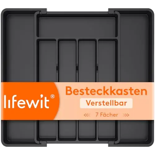 Lifewit Besteckkasten für Schubladen, verstellbar bis 41cm, 5-7 Fächer, Kunststoff, für Besteck und Geschirr, Schwarz