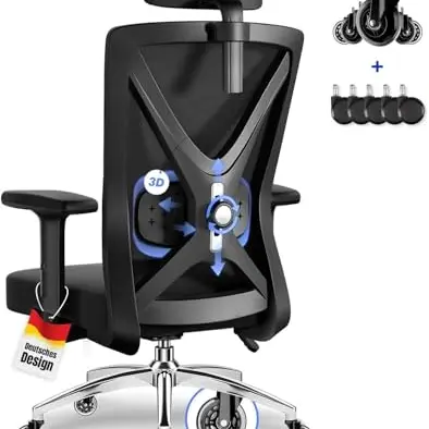 Daccormax ergonomischer Bürostuhl mit verstellbaren Armlehnen, Kopfstütze, Lendenstütze, Wippfunktion, schwarz, 200kg