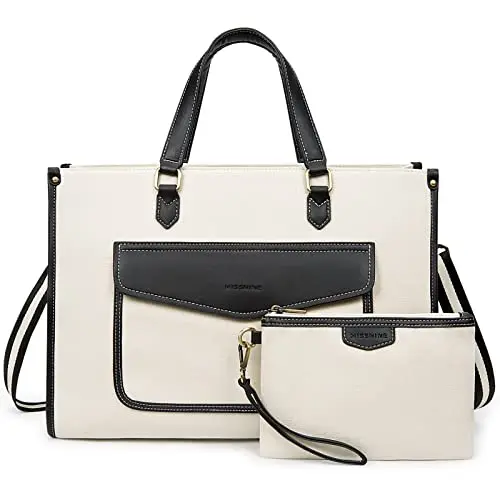 Missnine Laptoptasche 15,6 Zoll Damen Handtasche Business Shopper mit Clutch Schwarz & Beige