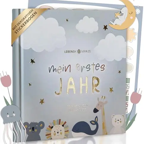 Lebenskompass Babyalbum Mein erstes Jahr „Air“ mit Stickern & Spruchkarte – Babytagebuch für Mädchen & Jungen