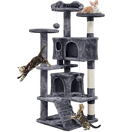 Yaheetech Katzenkratzbaum Dunkelgrau, Stabiler Kletterbaum für Katzen, Höhe 137 cm