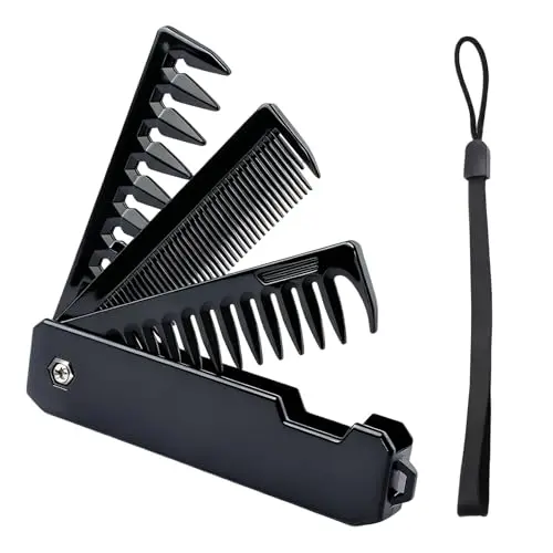 Tragbarer Klappkamm für Herren, 3-in-1 Haarkamm für Haarpflege und Bartstyling