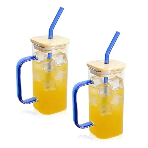 YASHIIN 2er-Set 400ml Glasbecher mit Deckeln – Stylische Trinkgläser für Eiskaffee, Säfte, Smoothies & Cocktails