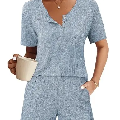 Ekouaer Damen Kurz Pyjama Set - Sommer Nachtwäsche mit Taschen, Hellblau, Größe M