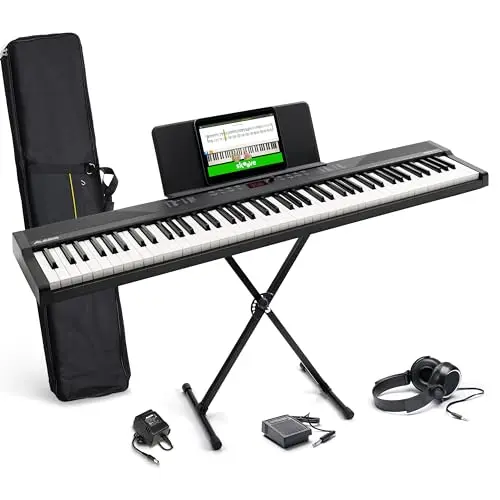 Alesis E-Piano mit 88 Tasten, 480 Sounds, Lautsprecher, Tragetasche, Ständer und Kopfhörer
