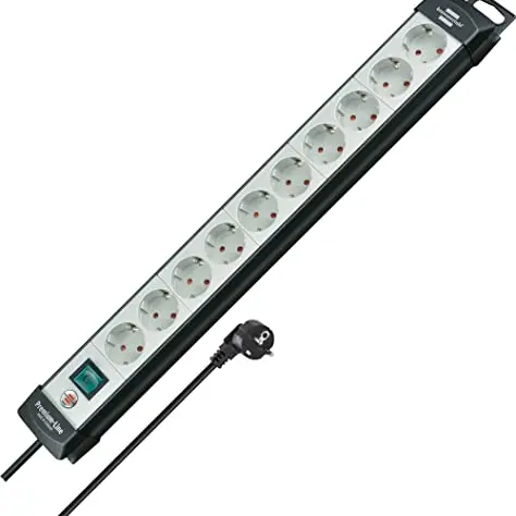 Brennenstuhl Premium-Line 10-Fach Steckdosenleiste mit Schalter und 3m Kabel, Wandmontage, Schwarz/Grau