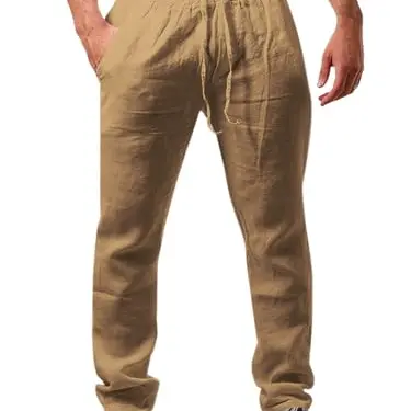 Runcati Herren Leinenhose Einfarbig Locker für den Sommer - Freizeit Hose mit Kordelzug Khaki XXL