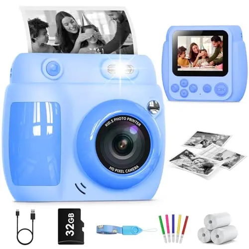Gofunly Sofortbildkamera für Kinder, 2,4 Zoll Bildschirm, inkl. 32GB Karte & Druckpapier, Geschenk für 3-12 Jahre (Blau)
