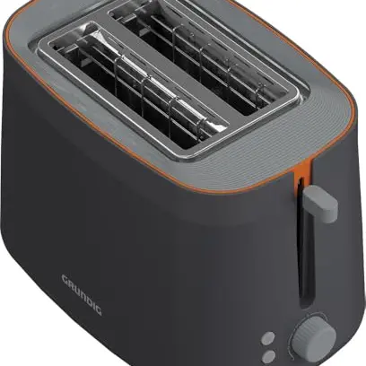Grundig Toaster mit 7 Bräunungsstufen, 2 Röstfächern, Auftaufunktion, Krümelschublade – Edelstahl, Grau/Terracotta