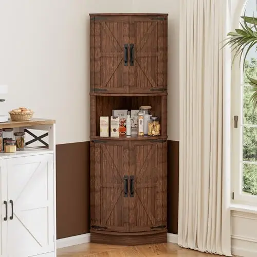 BonVache Eckhochschrank aus Holz, 165cm, braun – Schmaler Küchen-, Bad- und Wohnzimmer-Hochschrank mit 4 Türen und 5 Ablagen