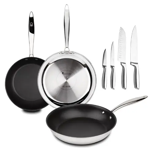 MasterPRO Argent 3 - Pfannen- und Messerset mit 3 Edelstahlpfannen und 4 Edelstahlmessern