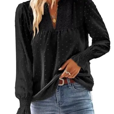 TUUHAW Damen Tunika Langarm Boho Bluse V-Ausschnitt Schwarz