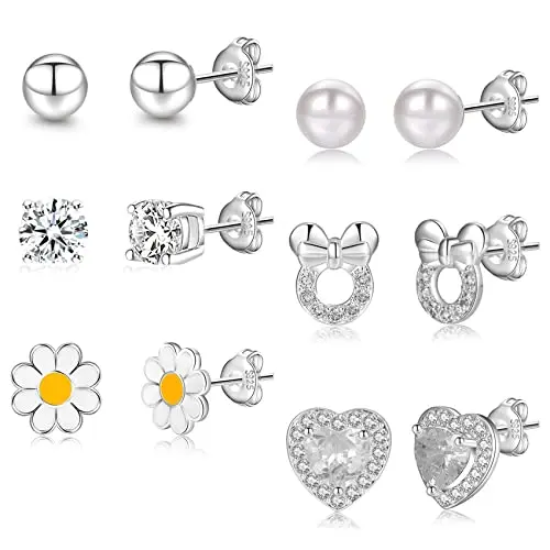 6 Paar 925 Silber Ohrringe für Mädchen & Damen – Herz, Schmetterling, Daisy, Rosa Silber