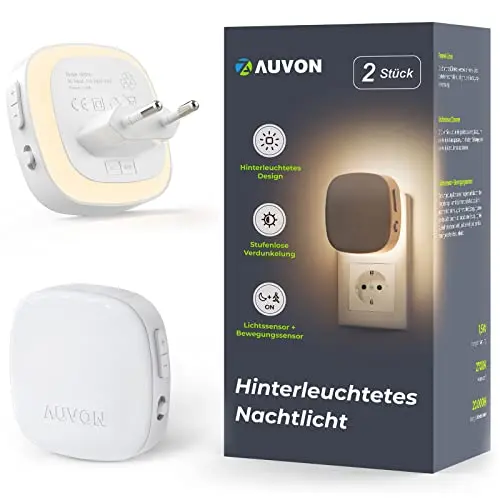 AUVON Nachtlicht mit Bewegungs- und Dämmerungssensor, 2er Set, Warmweißes LED Nachtlicht für Flur und Schlafzimmer