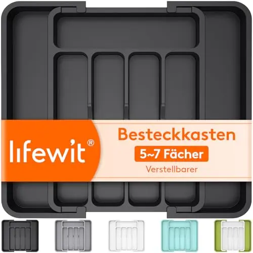 Lifewit Verstellbarer Besteckkasten für Schublade, Küchen Organizer, 23-38 cm, Schwarz