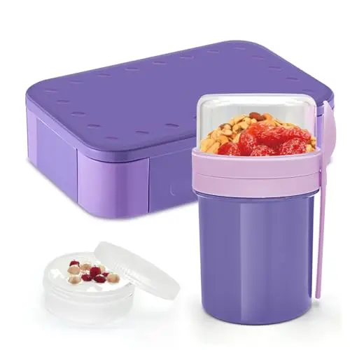 XJIANFU Brotdose Kinder 900ml & Müslibecher Set 350ml + 450ml - Auslaufsichere Bento-Box (Lila)