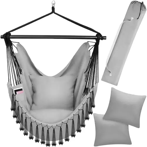 Tectake® Hängesessel für Outdoor/Indoor mit Tabletfach und Getränkehalter, grau - belastbar bis 150 kg